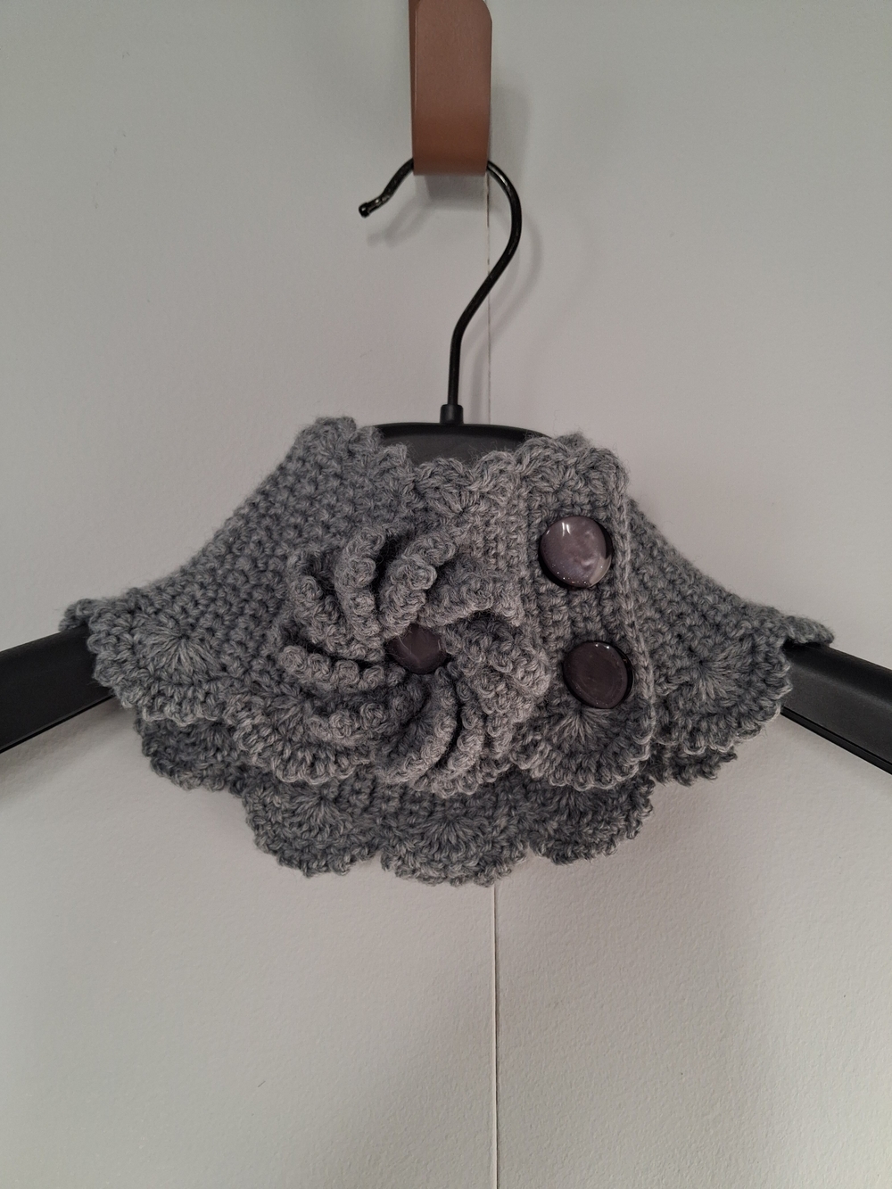 Gray Crochet Flower Neck Warmer with Button Detail
